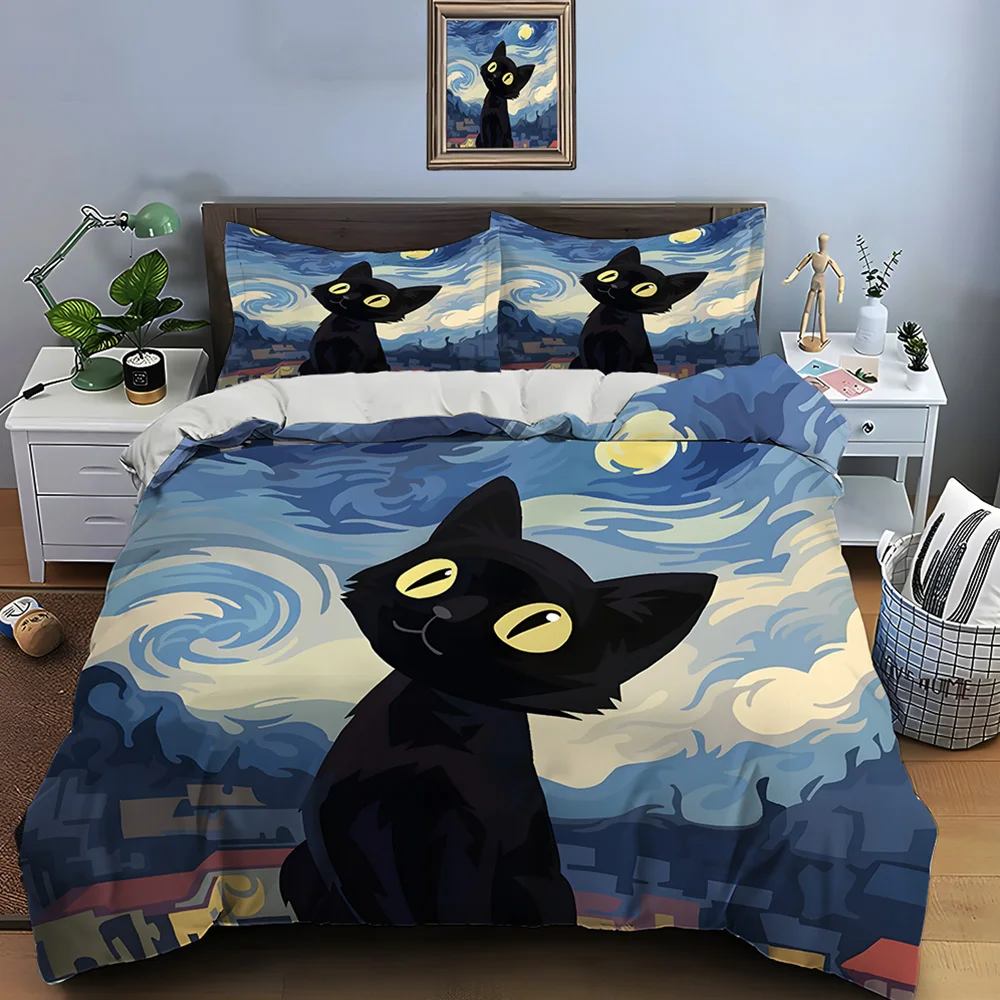 Van Gogh-style Black Cat Starry Night Bedding Set for Kids Luxury Gift 3pcs Digital Print Comforter Set Soft Comfortable