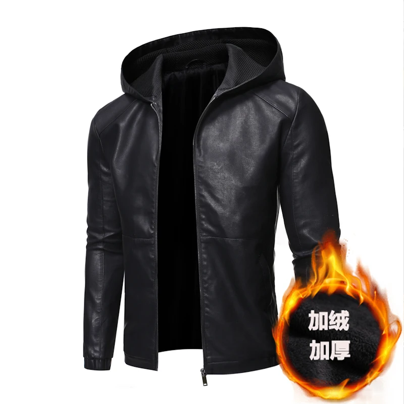 

Осенне-зимние флисовые кожаные куртки для мужчин, однотонные молнии с капюшоном, ветрозащитные водонепроницаемые моторные пальто