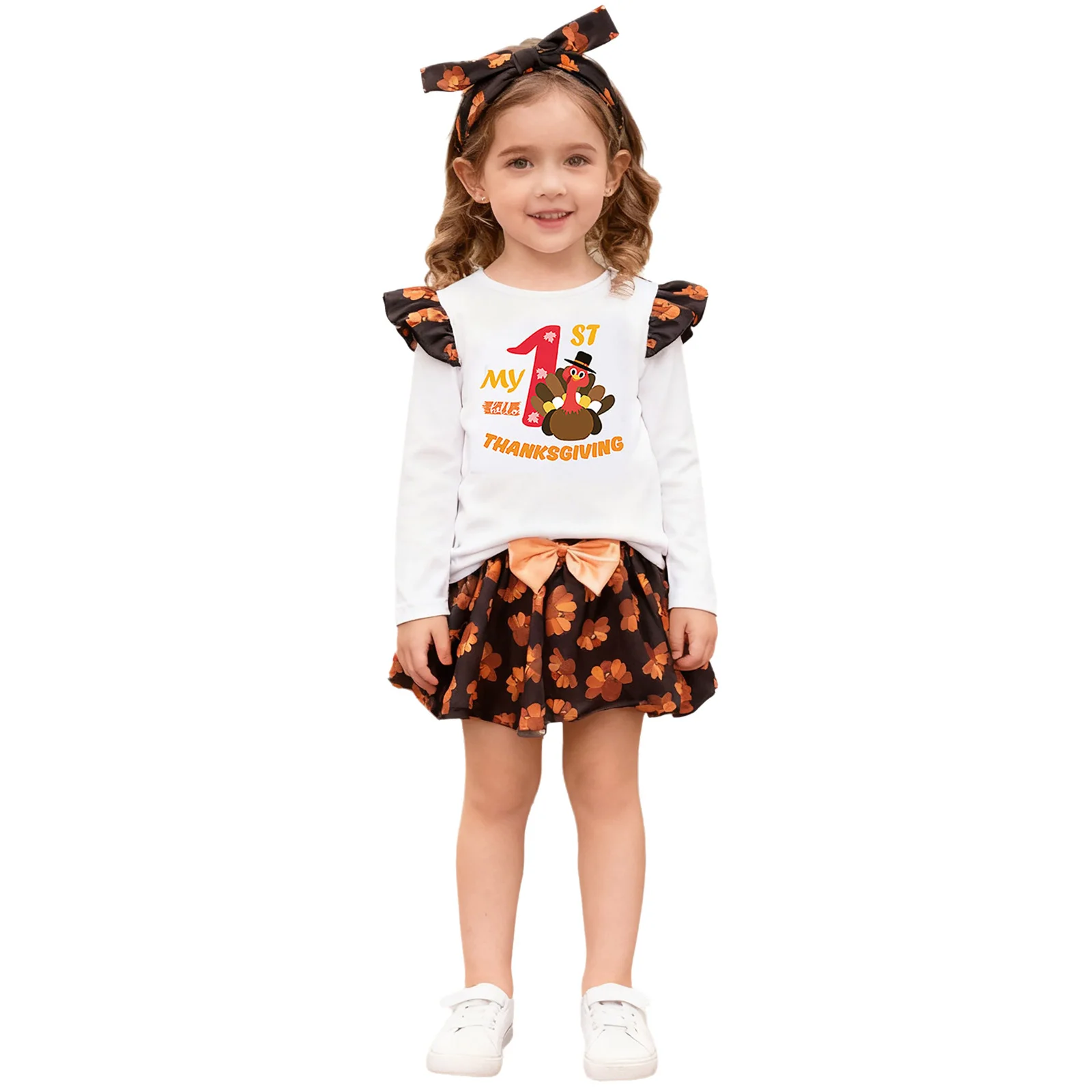 ملابس عيد الشكر للفتيات الصغيرات بأكمام طويلة مطبوعة بحروف مع تنورة توتو وعصابة رأس للأطفال الصغار ملابس حفلات أعياد الميلاد الأولى #4