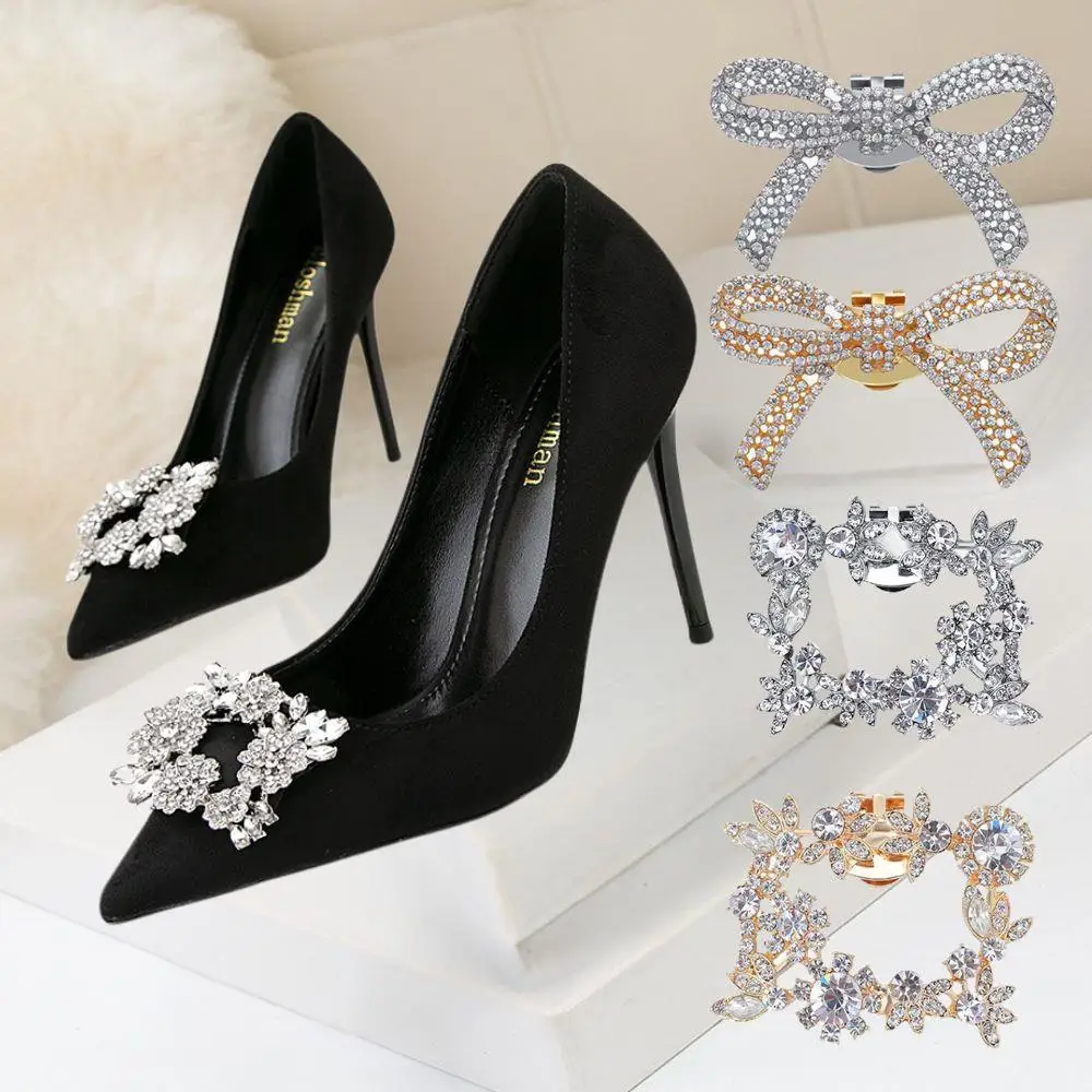

2Pcs Detachable Shoe Clips Wedding Bride Shoes Rhinestone Decoration Women High Heel Charms Bows Pearl Shoes Crystal Ornament