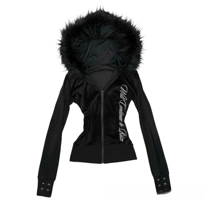 

Y2K Harajuku готическая женская толстовка с капюшоном, сексуальный тонкий шикарный замшевый меховой воротник, кардиган с буквенным принтом, толстовка, эстетичная женская уличная одежда