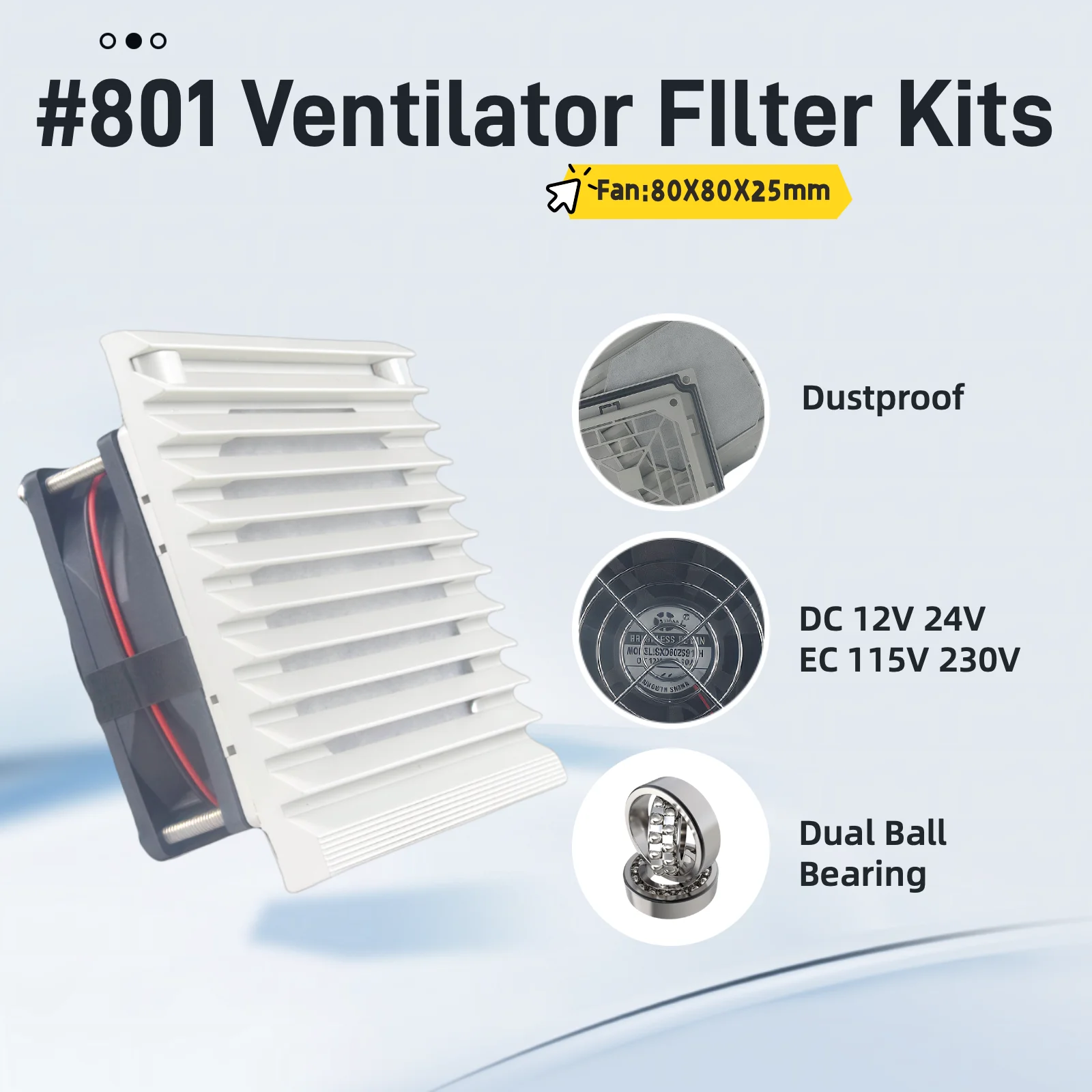 #801 Ventilation Filter Kit Fan 80x80x25mm IP44 Waterproof Dustproof Dual Ball DC 12V 24V EC AC 115V 230V Server Rack Cabinets