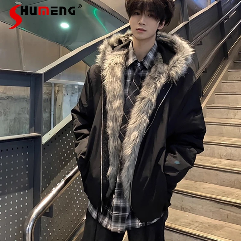 

Мужские хлопковые куртки с воротником из искусственного меха в американском стиле, мужские зимние новые свободные парки 2025 года, пальто с капюшоном, утолщенные бейсбольные куртки