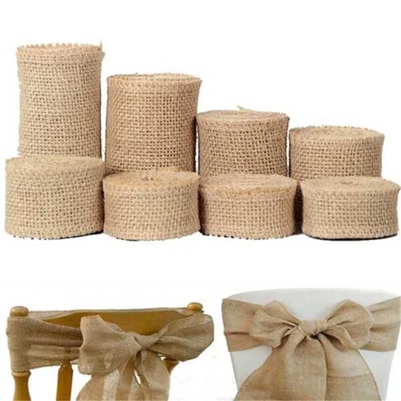 2M Natural Jute Burlap Hessian Ribbon Rolls 25/30/40/50/60/80/100mm Vintage Rustic Wedding Gift Wrapping Party Christmas Decor