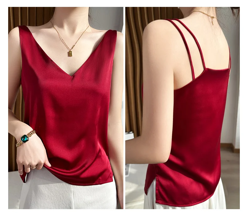 Seidensatin-Damen-Tanktop mit doppelter Schulterpartie, V-Ausschnitt, ärmelloses Top, T-Shirt, elegantes Crop-Top, solide, lässig, Basic, 2025, Sommer – Detail 22