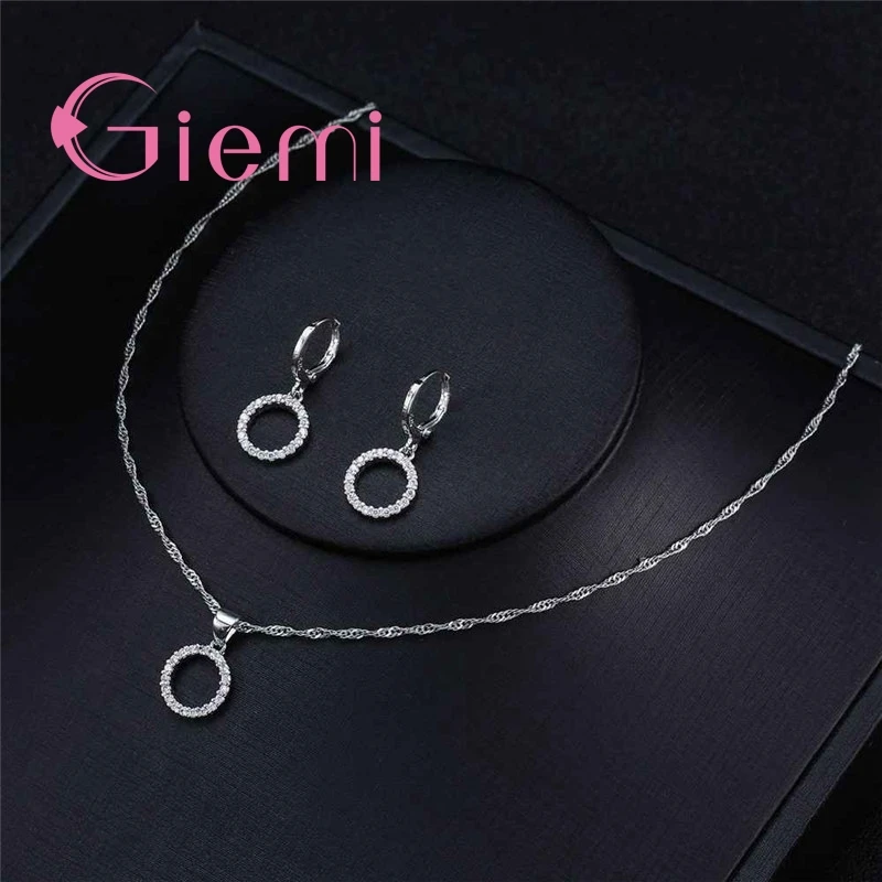 Pure 925 Sterling Silver Cubic Zircon Pendant Necklace Hoop Earrings for Women Lucky Forever Circular Full Crystal Jewelry Sets