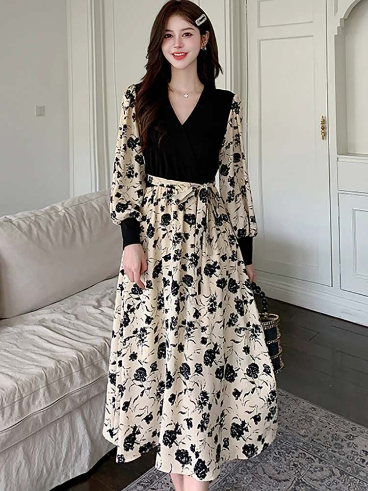 2025 nieuwe bloemen patchwork zwarte v-hals lange jurk vrouwen koreaanse vintage luxe jurk herfst elegante bodycon festival feestjurk