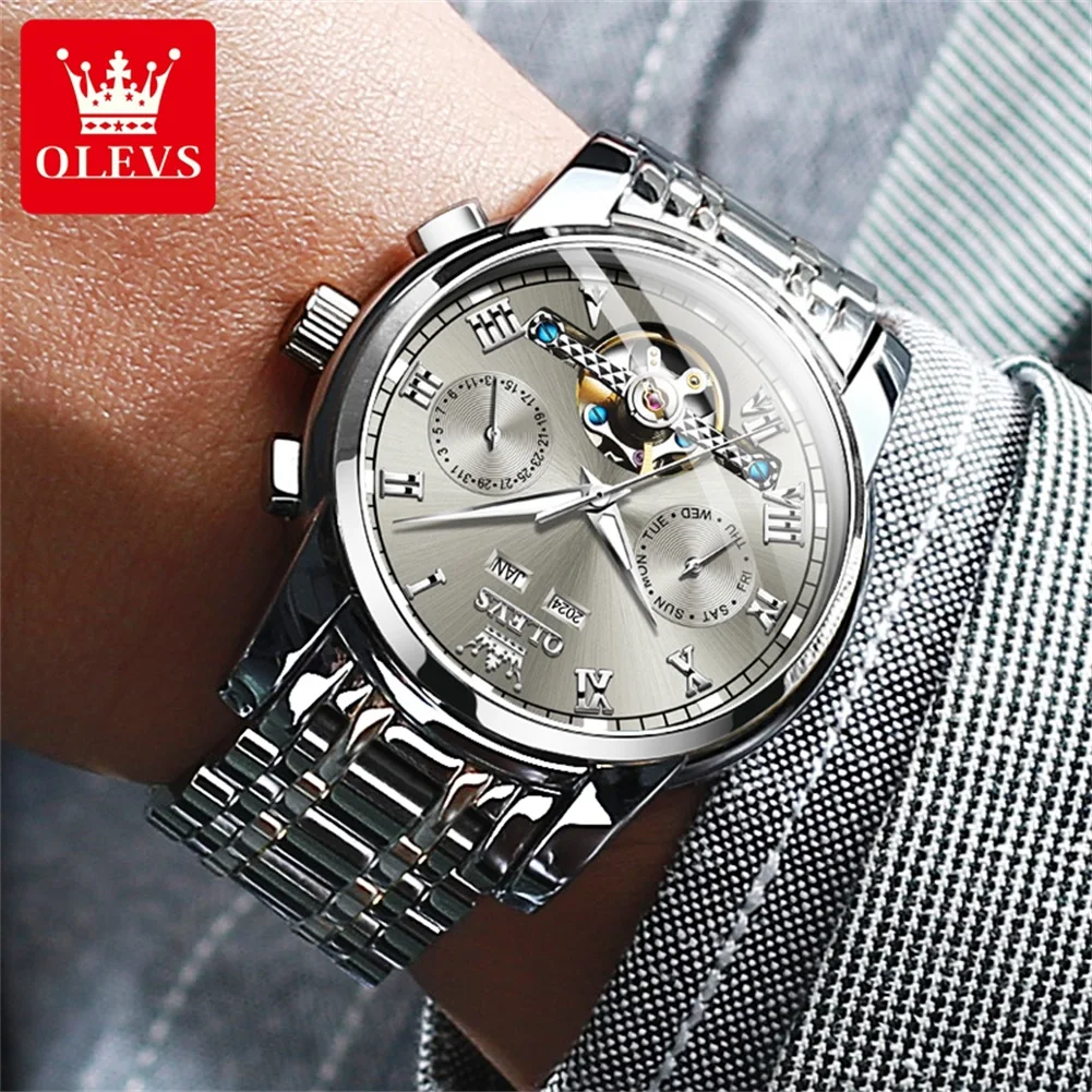 OLEVS 6607 New Men\'s Watches Original Automatic Mechanical Watch for Men Luxury Skeleton Flywheel Waterproof Calendar Wristwatch