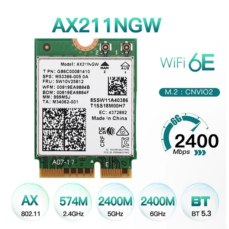 Carte réseau sans fil LeicBand AX211NGW, Wifi 6E, 2.4G, 5G, 6 mesurz, Bluetooth 5.3, AX211 M.2 CNVio