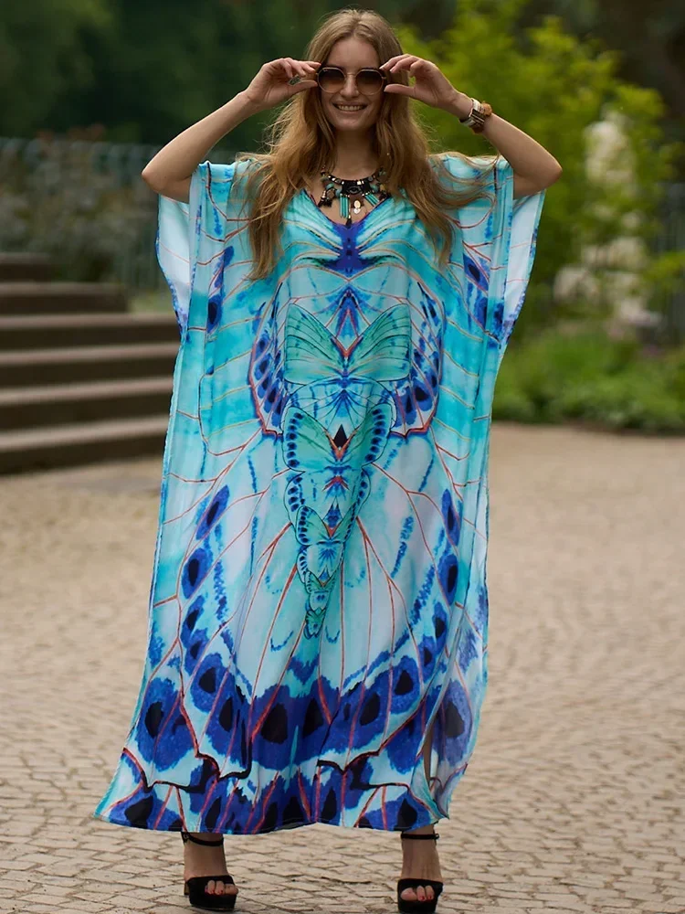 2025 新しいタイダイビーチカバーアップ女性ローブプリント V ネックシックなプラスサイズビーチロングドレス夏のファッション水着カバーアップ