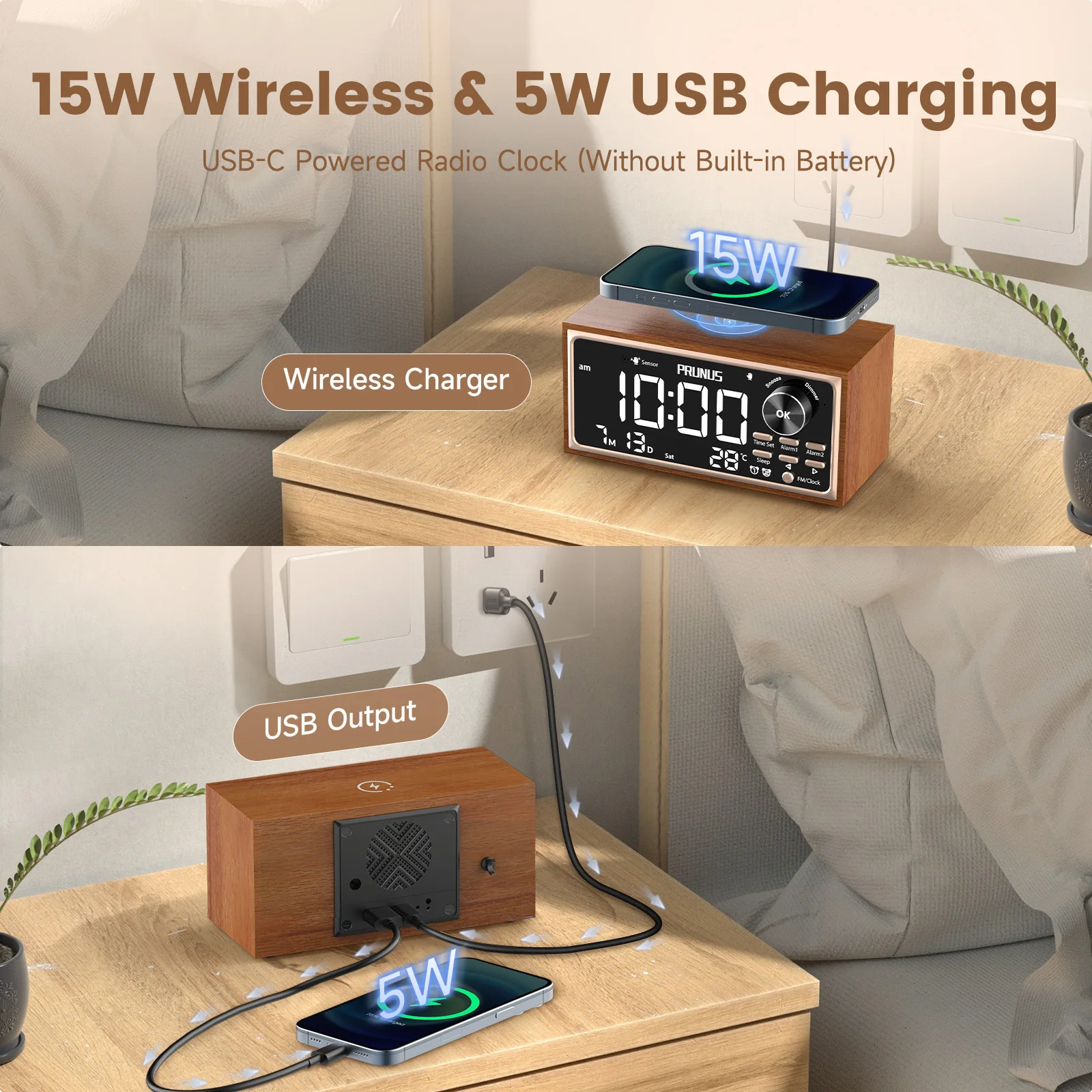 Retro Vintage Dual Alarm Clock Radio FM 15W Fast Wireless Charging LED Display Dimmer Control Auto-Dimming Retro Clock Bedroom