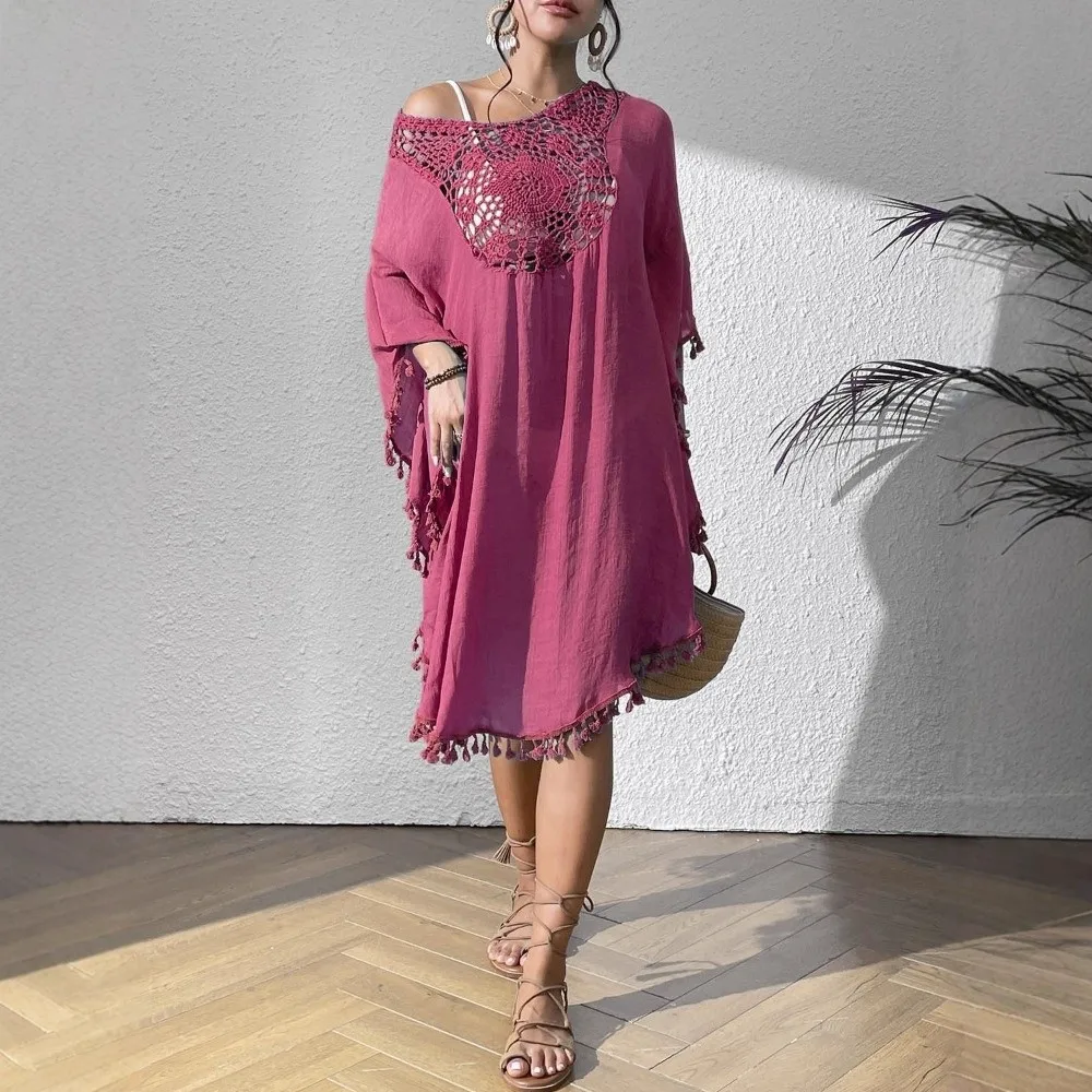 Fashion Square Neck Summer Sunscreen Smock Loose Hollow Out Swimsuit Cover Up Dress Casual Vacation Bikini Cover-Ups for Women
