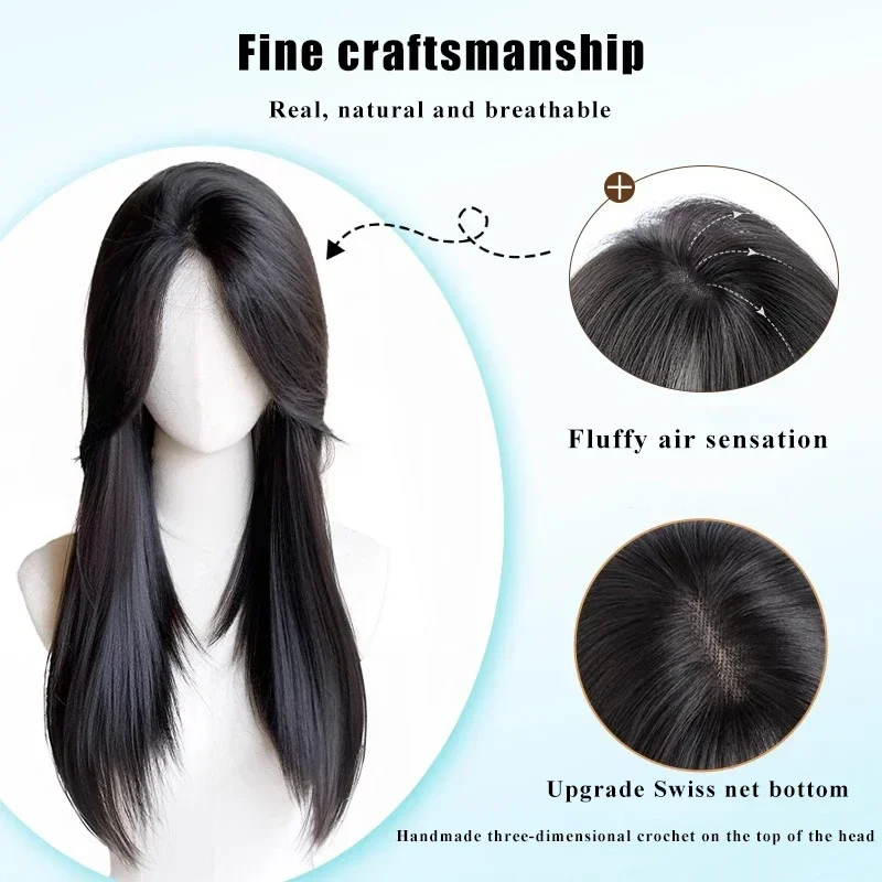 55cm 15X16cm Hairnet  Straight Mixed Real Hair Invisible 3D Toupee Clip in One Piece Hair Extensions Topper for Women Hair Loss