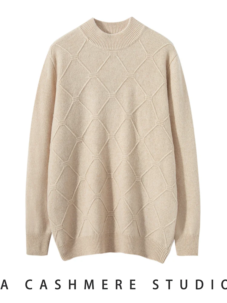Classic Business Men's Pure Wool Half High Collar Long Sleeve Pullover Knitted Diamond Pattern Casual Warm High Quality Sweater