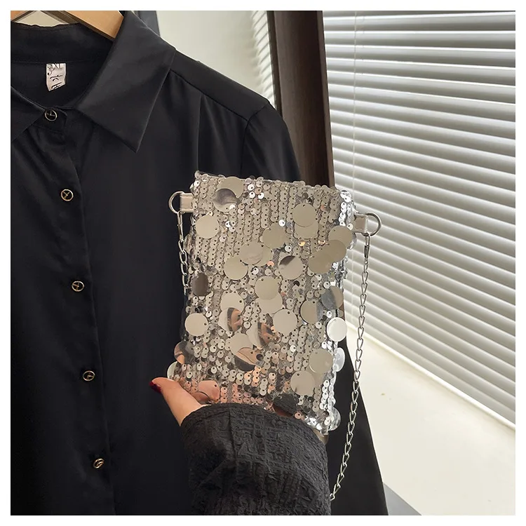 Cool 2025 Fashion Sequin Mobile Phone Bag Unique Design Chic Single Shoulder Chain Bag Casual Simple Style Unisex Fitness Bag