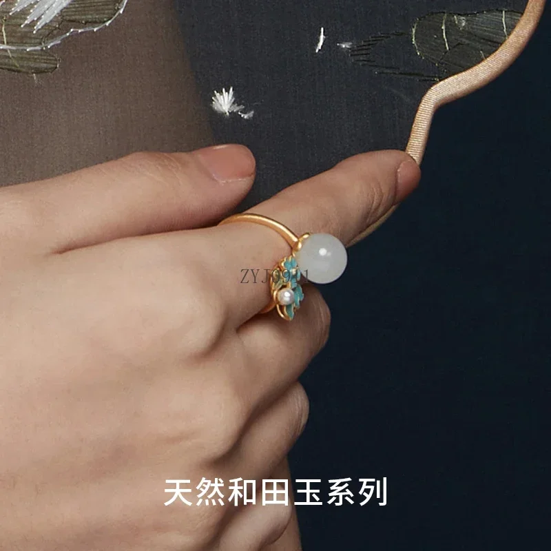 * ซากุระซีรีส์ 2024 ใหม่แหวนเงินผู้หญิงทาสีเคลือบฝังหยกHetianแหวนย้อนยุค