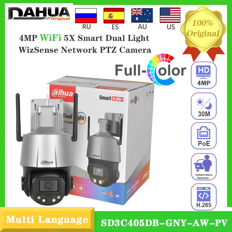 

Original Dahua 4MP SD3C405DB-GNY-AW-PV 5X Zoom WiFi PTZ Camera Full Color Smart Light Alarm Security CCTV Built-in Siren Two-way