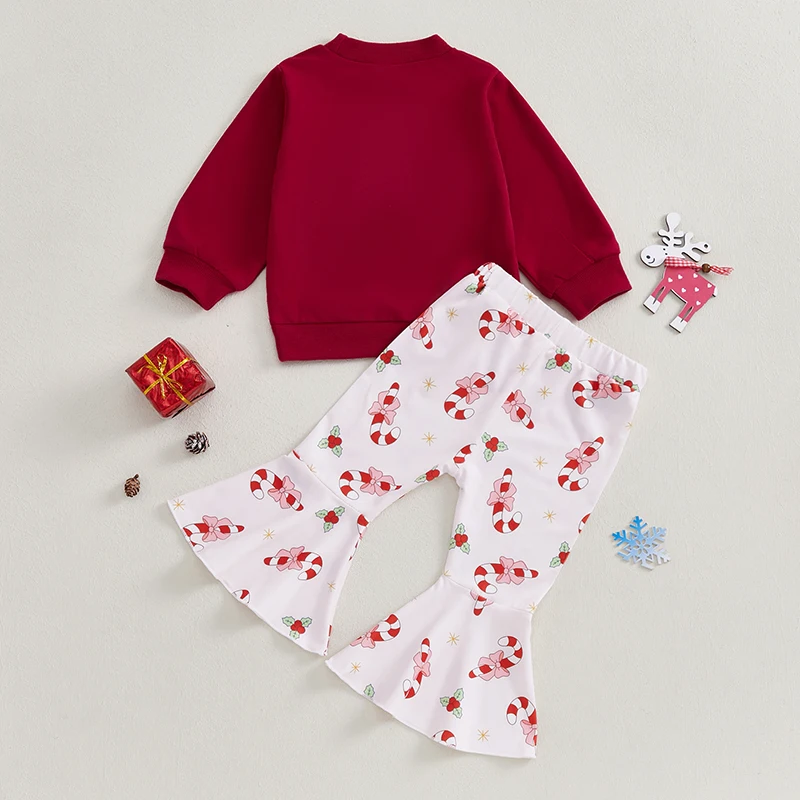 Toddler Girl Christmas Outfits Letter Embroidery Long Sleeve Sweatshirt with Flare Pants 2Pcs Set