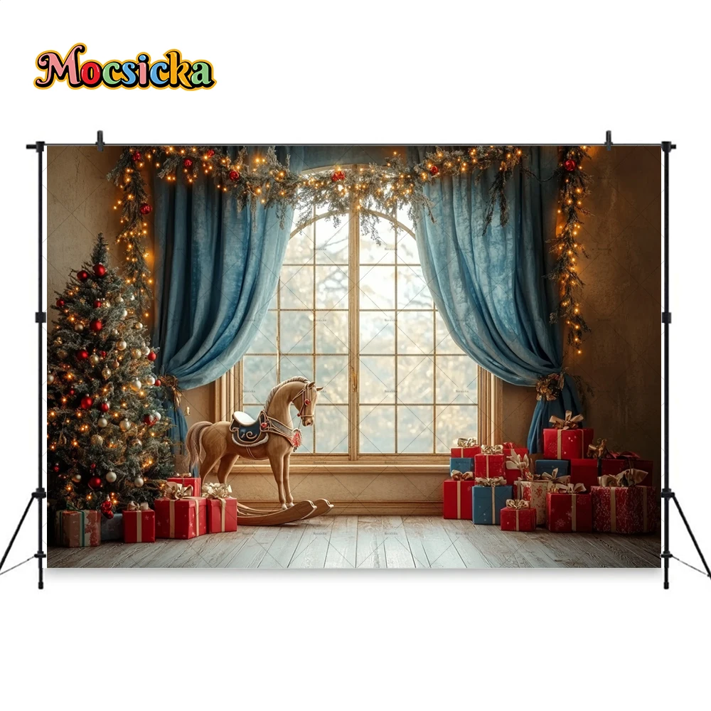 Mocsicka Christmas Toys Gift Room Background Photography Xmas Tree Window Wooden Horse Backdrop Winter Kid Birthday Photo Studio