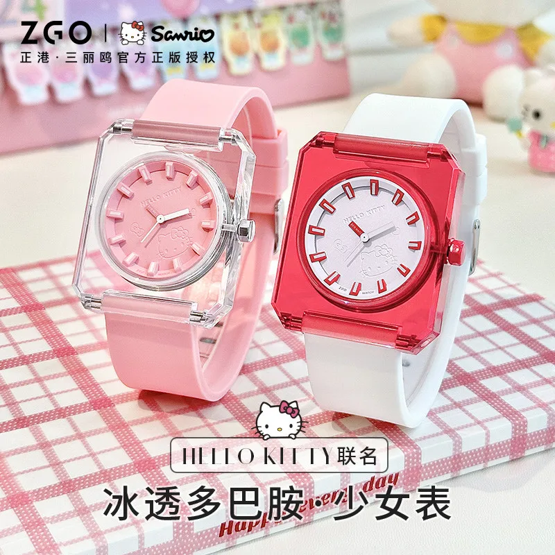 Zgo Lil' Hello Kitty kids watch for girls, square waterproof quartz watch with luminous display, casual silent exam watch 1691