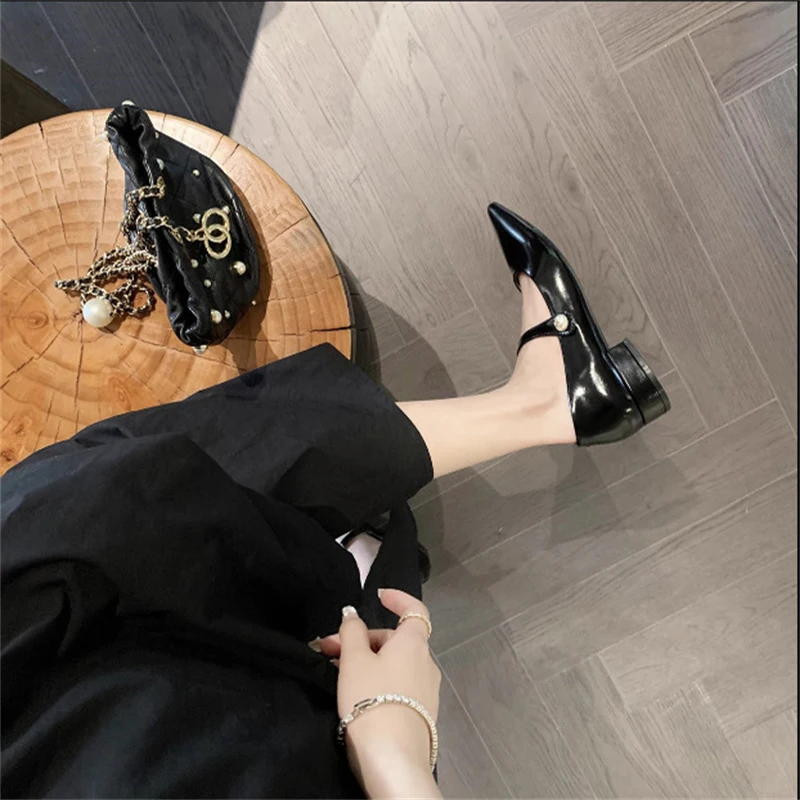 2024 Lolita Low Heels Soft Mary Jane Women Pointed Toe Shallow Mouth Pumps Pearl Belt Buckle Ballet  Bridal Loafers