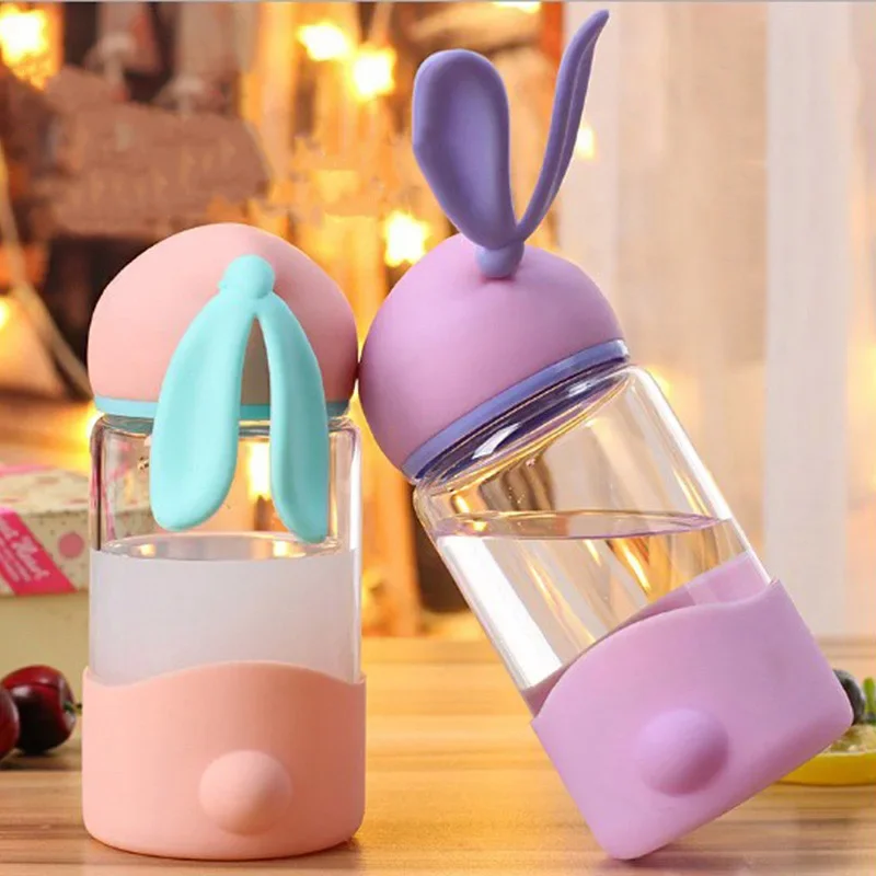 Cute Water Bottles Cartoon Rabbit Glass Bottle with Silicon Sleeve for Kids Student Girls Portable Drink  Glass Cup