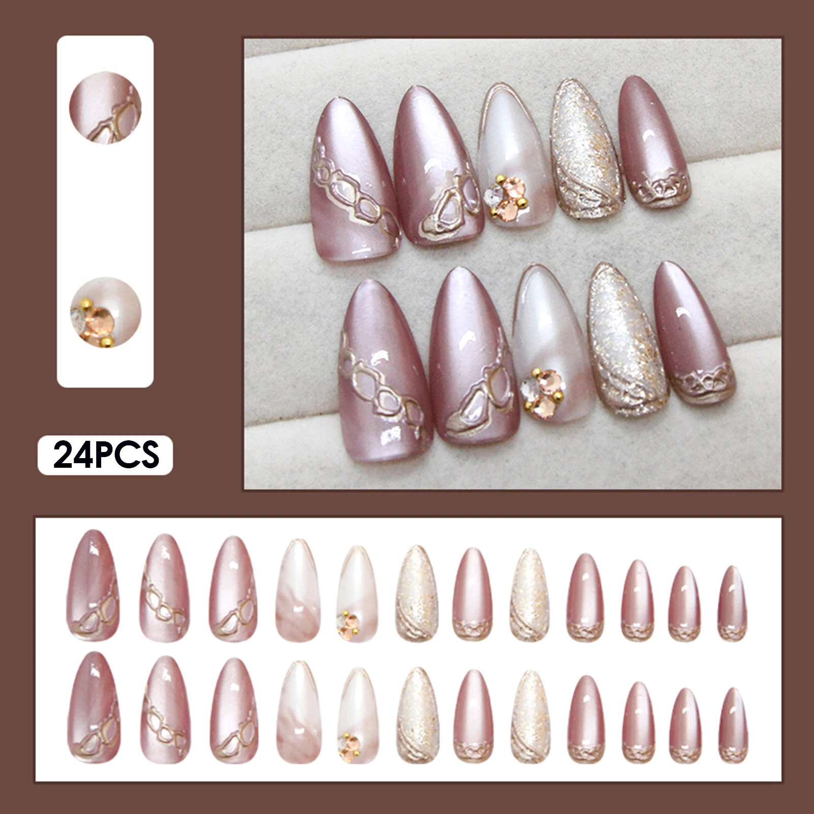 24 Stück bernsteinfarbene Rose-Kunstnägel zum Aufdrücken der Nägel mit Ölfarbe, Blumen-Designs, lange Mandel-elegante Sizzy-Herbst-Kunstnägel, tragbar