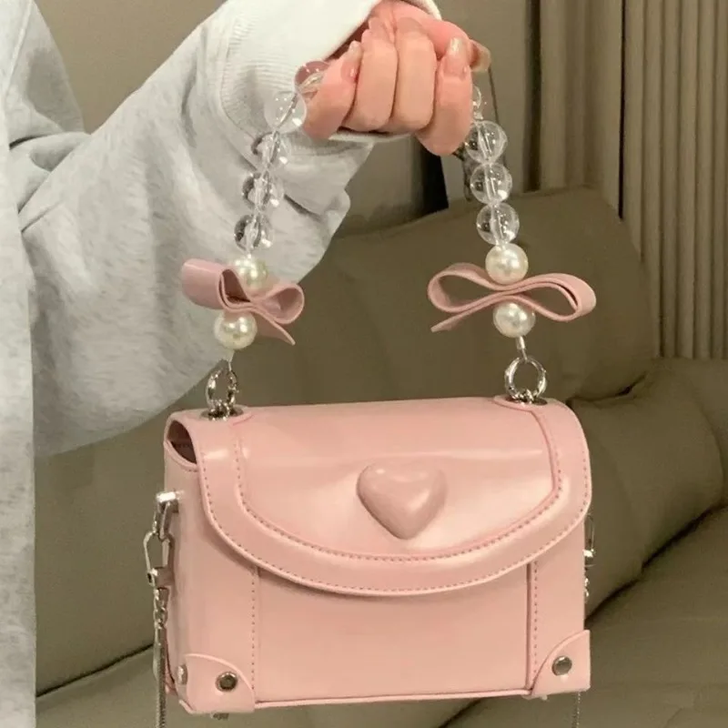 New Sweet Pink Beading Handbag Exquisite Solid Bow Design Small Square Crossbody Pack Korean All-match Popular Bags