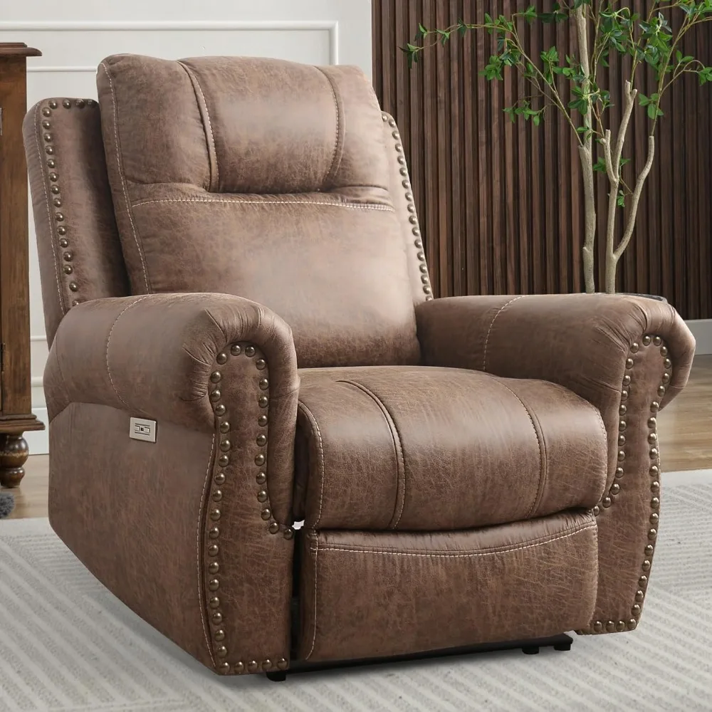 Electric Power Recliner Chair with USB Ports, Breathable Leather Oversized Recliner with Comfortable Arms, Back and Headrest