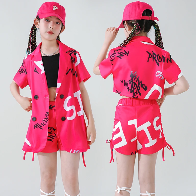 Trajes modernos de dança hip hop para crianças, terno rosa solto, roupas de jazz para meninas, roupas de palco, novo, DQS12712, 2022