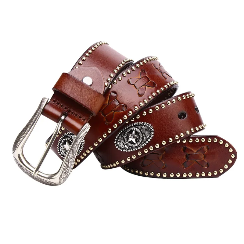 

3.8CM Metal Rivet Belts Western Cowboy Design Men Punk Cowskin Genuine Leather Braided Belt Male Rock Hip Hop Strap Waist