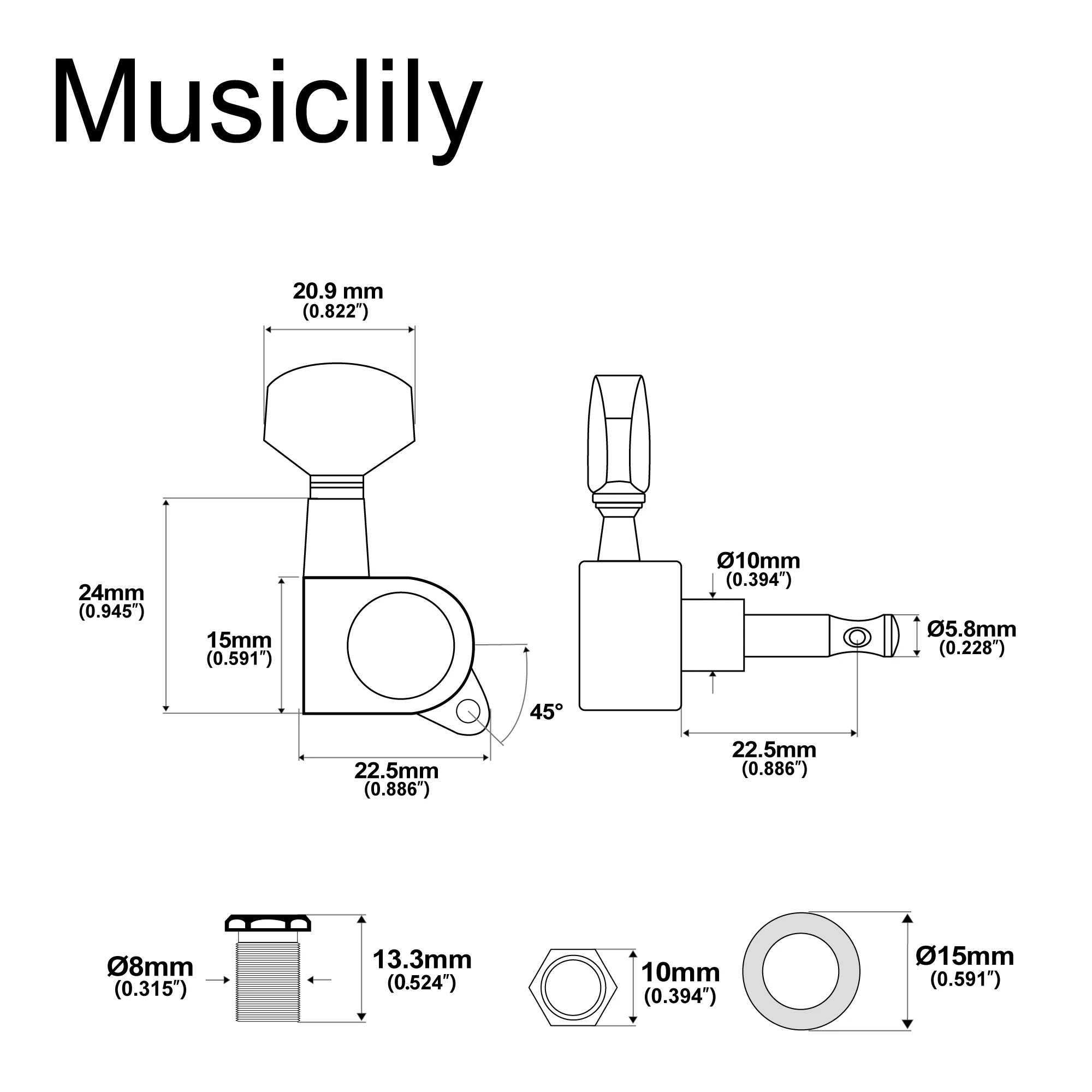 Musiclily 3R3L 15:1 Ratio Full Sealed Machine Heads Tuners Tuning Pegs Keys with 45 Degree Screw for Acoustic Electric Guitar