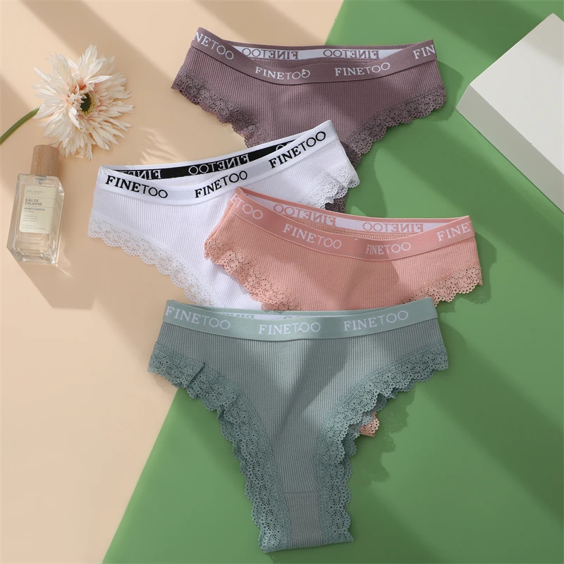 FINETOO Women Cotton Brazilian Panties Sexy Lace Low Waist Underwear Solid Color Thongs Female Plus Size G-String Lingerie M-2XL