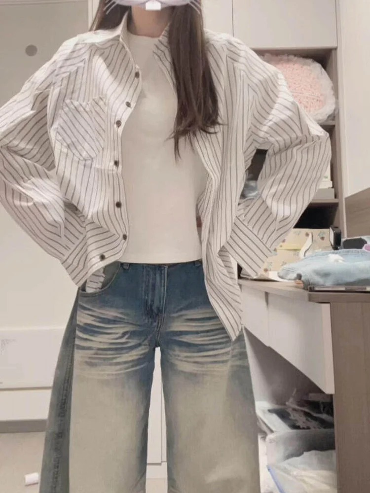 

White Striped Long Sleeve Shirt Jacket Women's Spring Fashion 2026 New Design Loose Layering Open Cardigan Korean Style