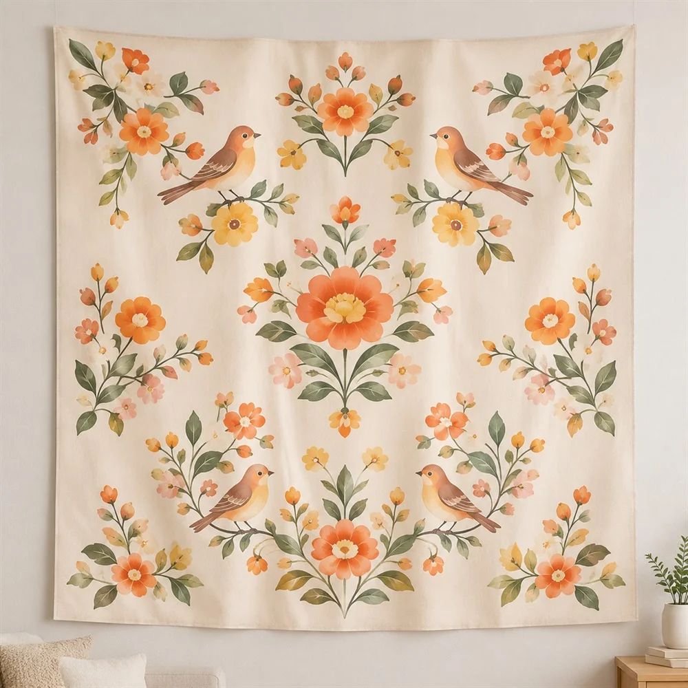 VIKAMA Korean Folk Bird Flower Clustered Groups Tapestry Wall Hanging, Korean Wall Decor Tapestries for Living Room Bedroom