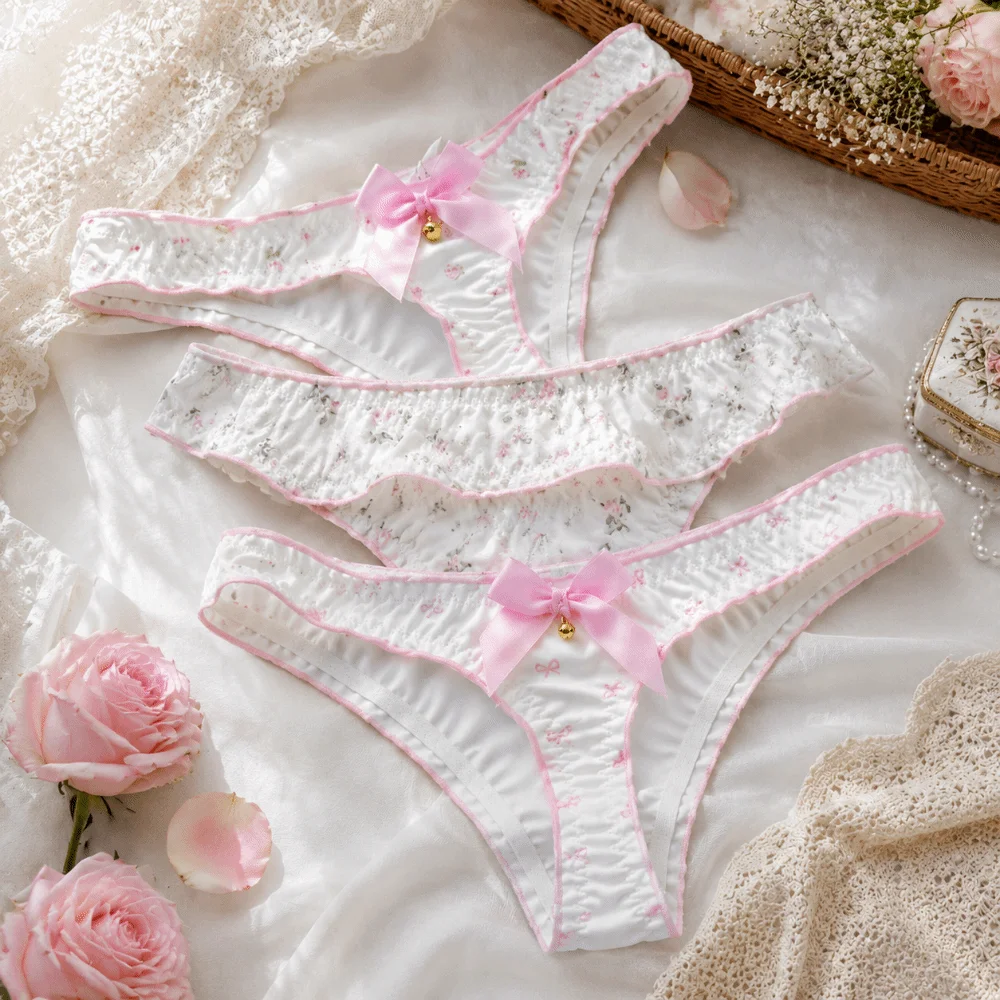 

Japanese Style Sweet Bow Women Panties Ruffle Flower Girls Briefs Ice Silk Low Waist Printed Underwear Students