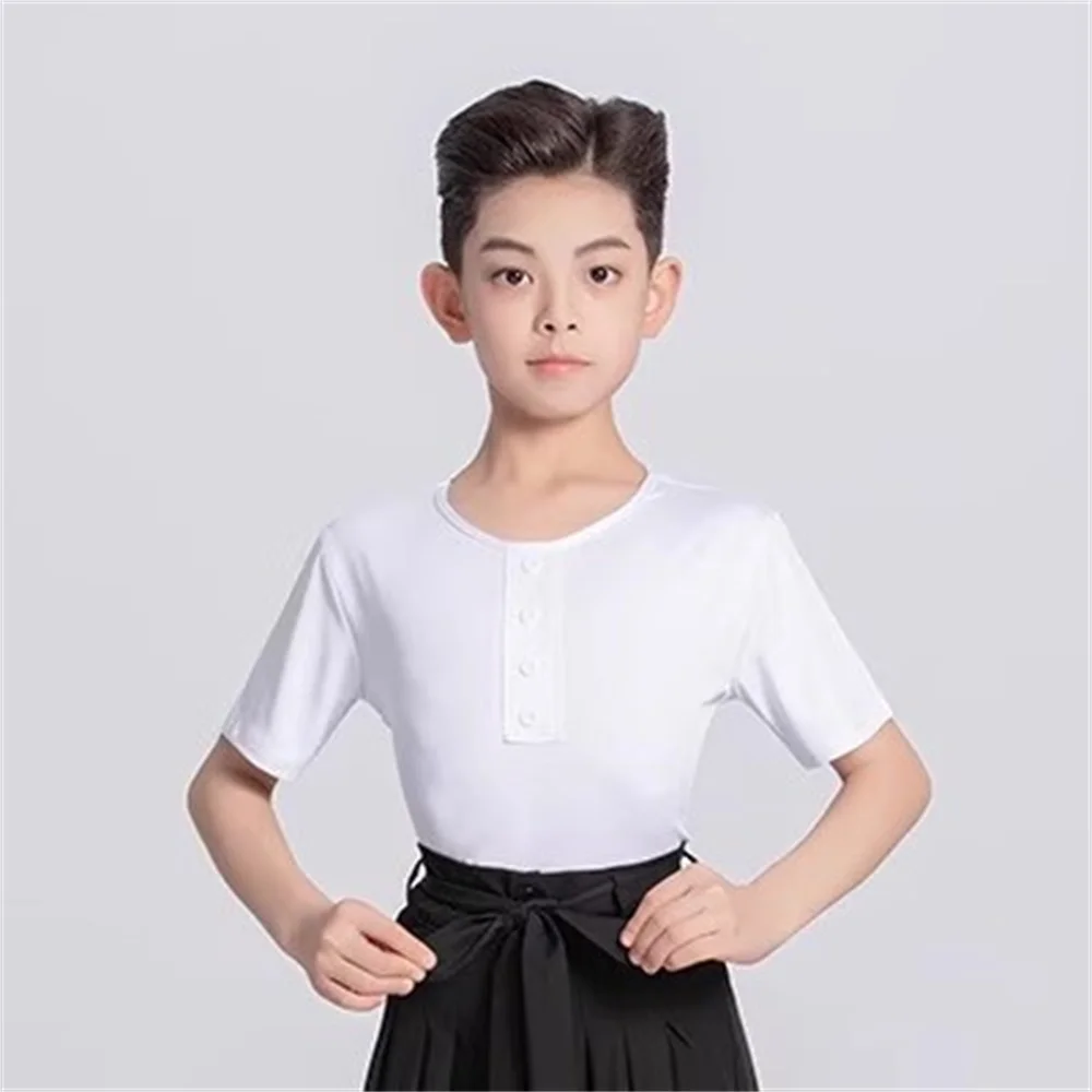 เสื้อเต้นรำแบบละตินติดกระดุมเสื้อเต้นรำสำหรับเด็กเสื้อผ้าเต้นรำบอลรูมสีขาวเสื้อผ้าเต้นซัลซ่า/ชา/รุมบ้าเด็กชายแขนยาวใหม่