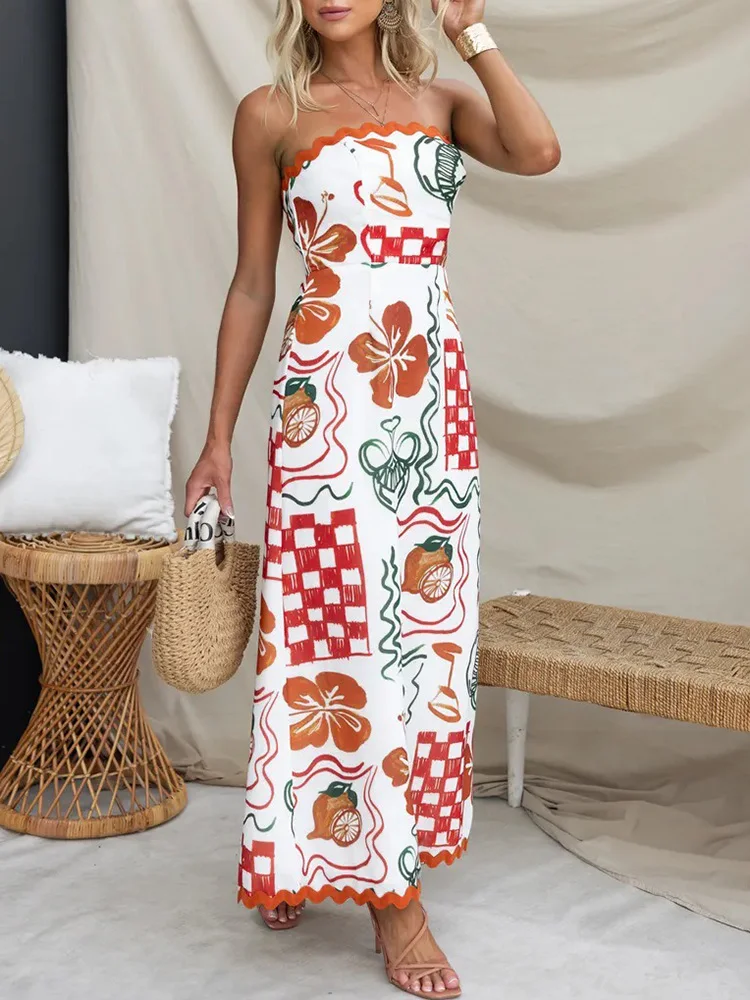 

Sleeveless Fashion Loungewear Maxi Dress, Women Summer Strapless Printing Party Dress, 2024 Patchwork Slim Simple Ladies Dress