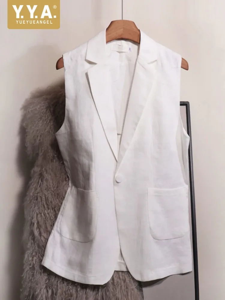 Summer Office Ladies Linen Vest Solid Color Thin Style Breathable Sleeveless Jacket Single Button Slim Women Casual Waistcoat