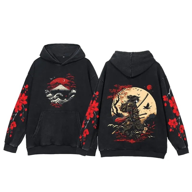 Y2K Anime Hoodies Men Ukiyoe Oversized Loose Vintage Acid Wash Hooded Sweatshirt Women Goth Harajuku Cotton Long Sleeve Pullover