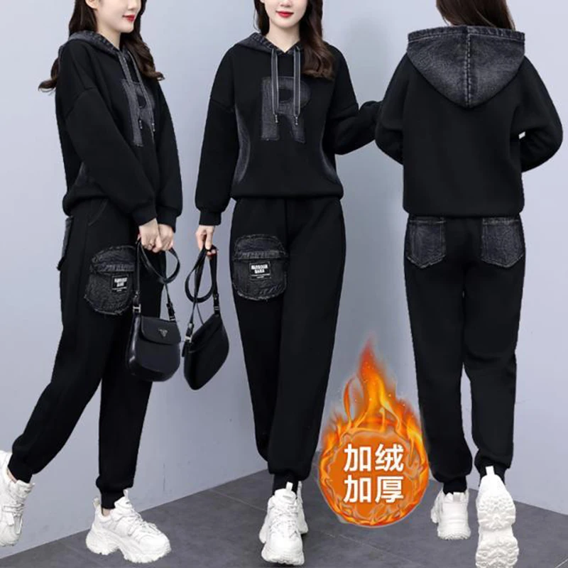 

Korean style casual two-piece set women's fashion denim patchwork hooded pullover with thick pants anti-aging set