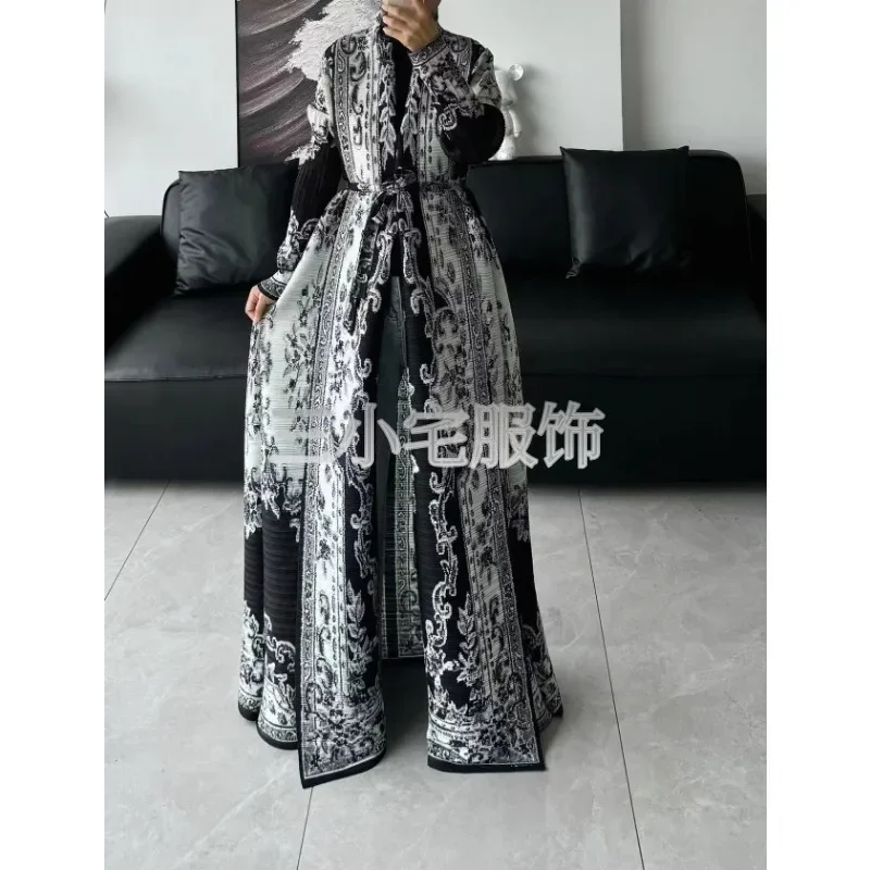 pleats Clashing Printed Long Trench Coat Jacket Fashion Autumn Versatile Loose Muslim Abaya Pleated High Stretch Cardigan Top