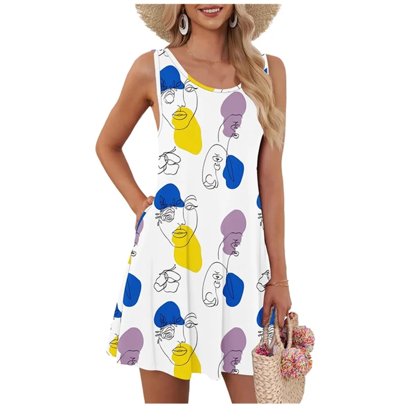 

Уличная одежда, модное платье с 3D принтом лица для женщин, лето 2029, одежда больших размеров, повседневное свободное короткое платье без рукавов