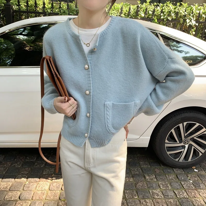 Sweet Candy Color Short Cardigan for Women Korean Fashion New Autumn Loose Long Sleeved Knitted Cardigan Women