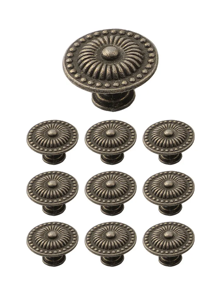 10 Pack Vintage Cabinet Knobs Antique Brass Round Metal Drawer for pulls for Dresser Drawers Kitchen Cabinets Closets Wardrobes