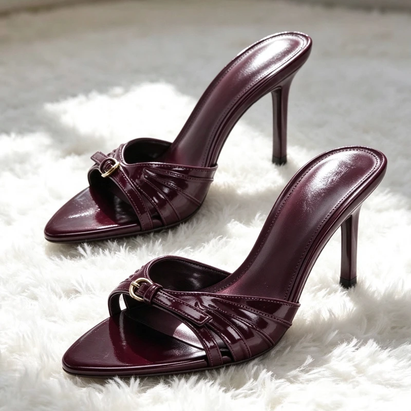 Fashion Metal Buckle Decoration Stiletto Slippers Women Sexy Pointed Toe Open Toe High Heels Luxury Designer Shoes for Ladies