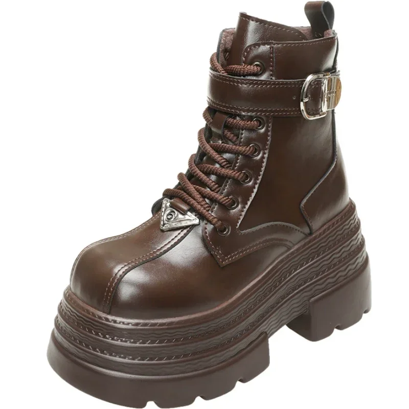 

9 см женские теплые ботильоны в стиле панк-готика, зимние мотоциклетные ботинки на танкетке, кожаная обувь на высокой платформе, женская обувь на толстой подошве, Botas Mujer