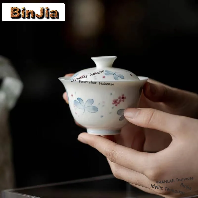 130ml Hand Drawn Buttferfly Cover Bowl Household Underglaze Color Gaiwan Aesthetic Anti Scald Tea Tureen Tea Making Tea Crafts