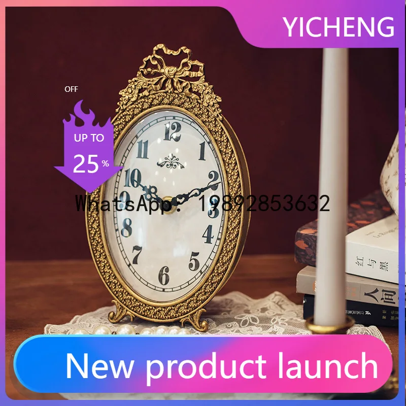 

SLT French retro light luxury handmade gold table clock with bow design for desktop decoration