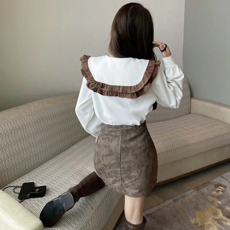 Autumn Winter Peter Pan Collar Korean Patchwork Blouse Women Clothing Sweet Buttons Loose Long Sleeve Shirts Femme Ruffles Tops